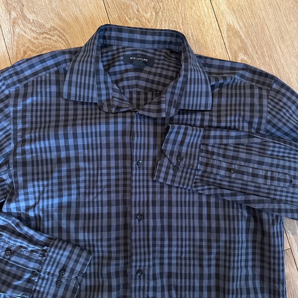 Structure Fitted Mens Large Blue Black Gingham Long Sleeve Button Down Shirt